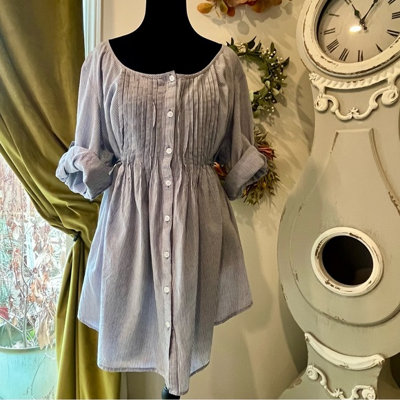 Pure Energy Blue & White Striped Tunic – Cottagecore Peasant Blouse Size 2 - Picture 2 of 9